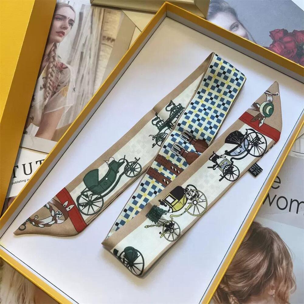 Luxury Style Carriage Rider Print Silky Skinny Purse Scarf Khaki